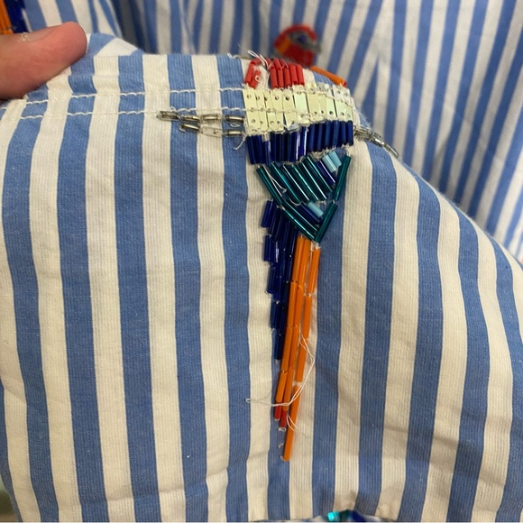 Anthropologie Maeve Tie Back A Line Maxi Dress Striped Blue Beaded Birds 24W - Picture 8 of 16